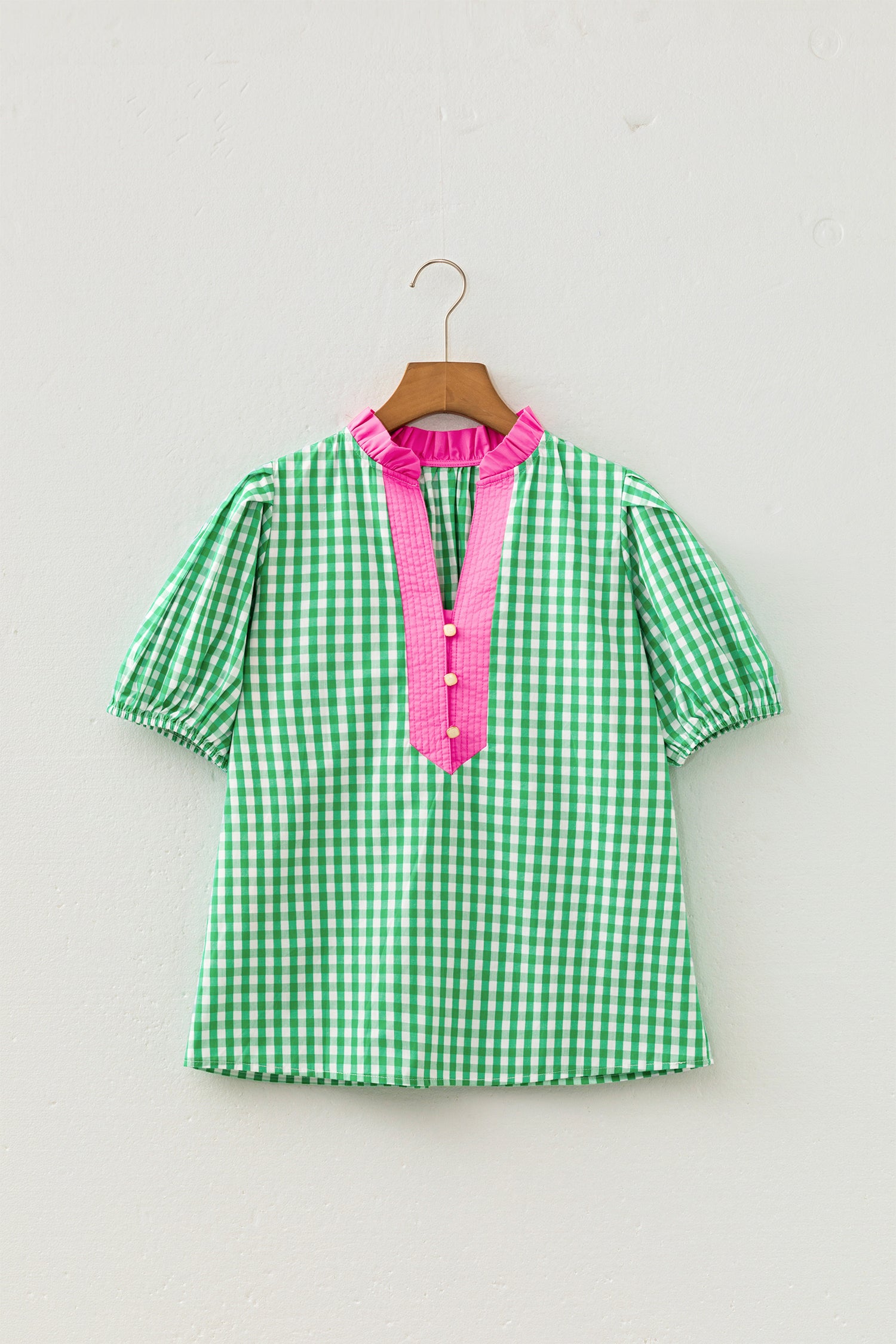 Green Gingham Plaid Bubble Sleeve Colorblock Trim V Neck Blouse-Tops/Blouses & Shirts-[Adult]-[Female]-2022 Online Blue Zone Planet