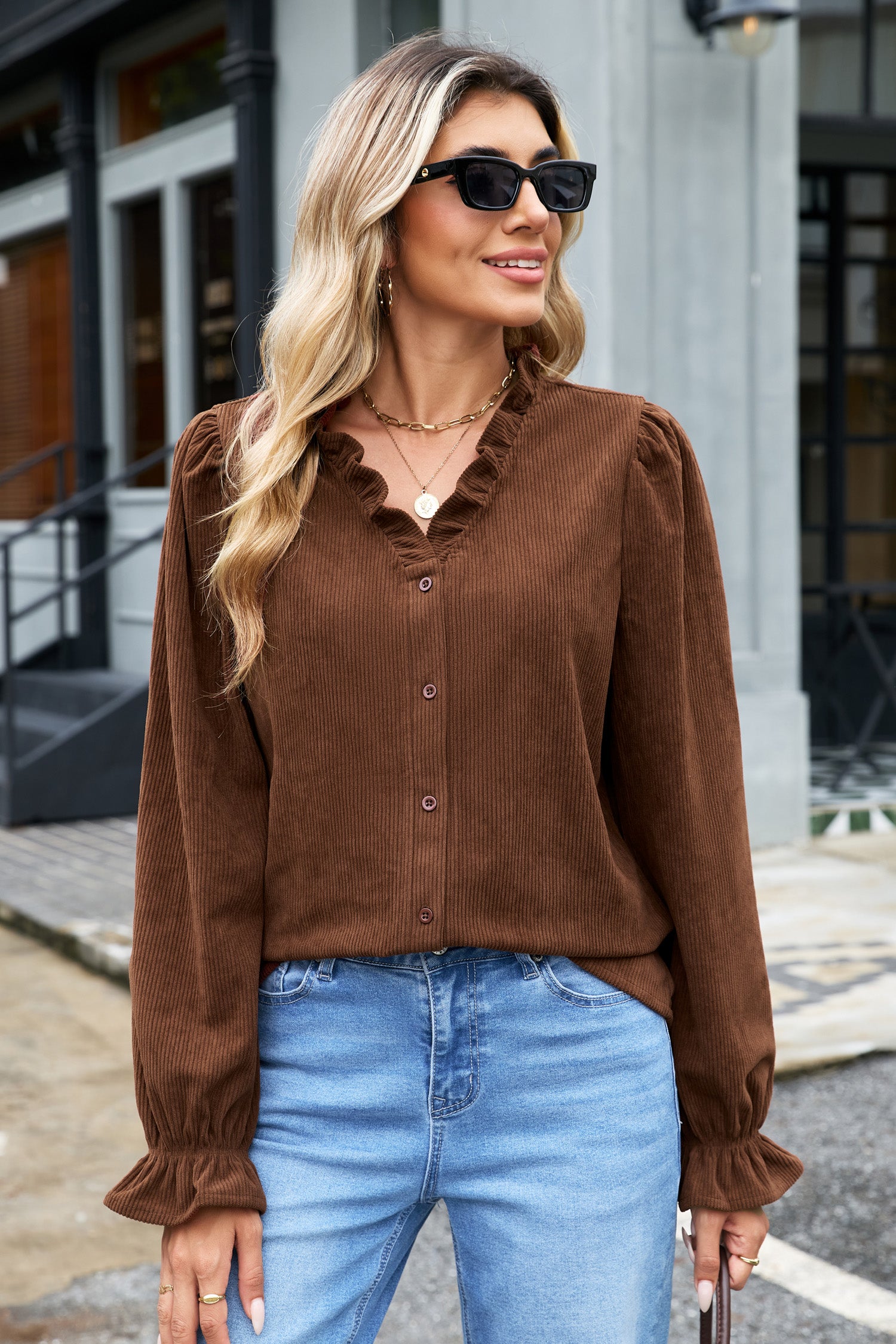 Coffee Solid Color Ruffle Trim V Neck Long Sleeve Button Corduroy Shakcet-Outerwear/Jackets-[Adult]-[Female]-2022 Online Blue Zone Planet
