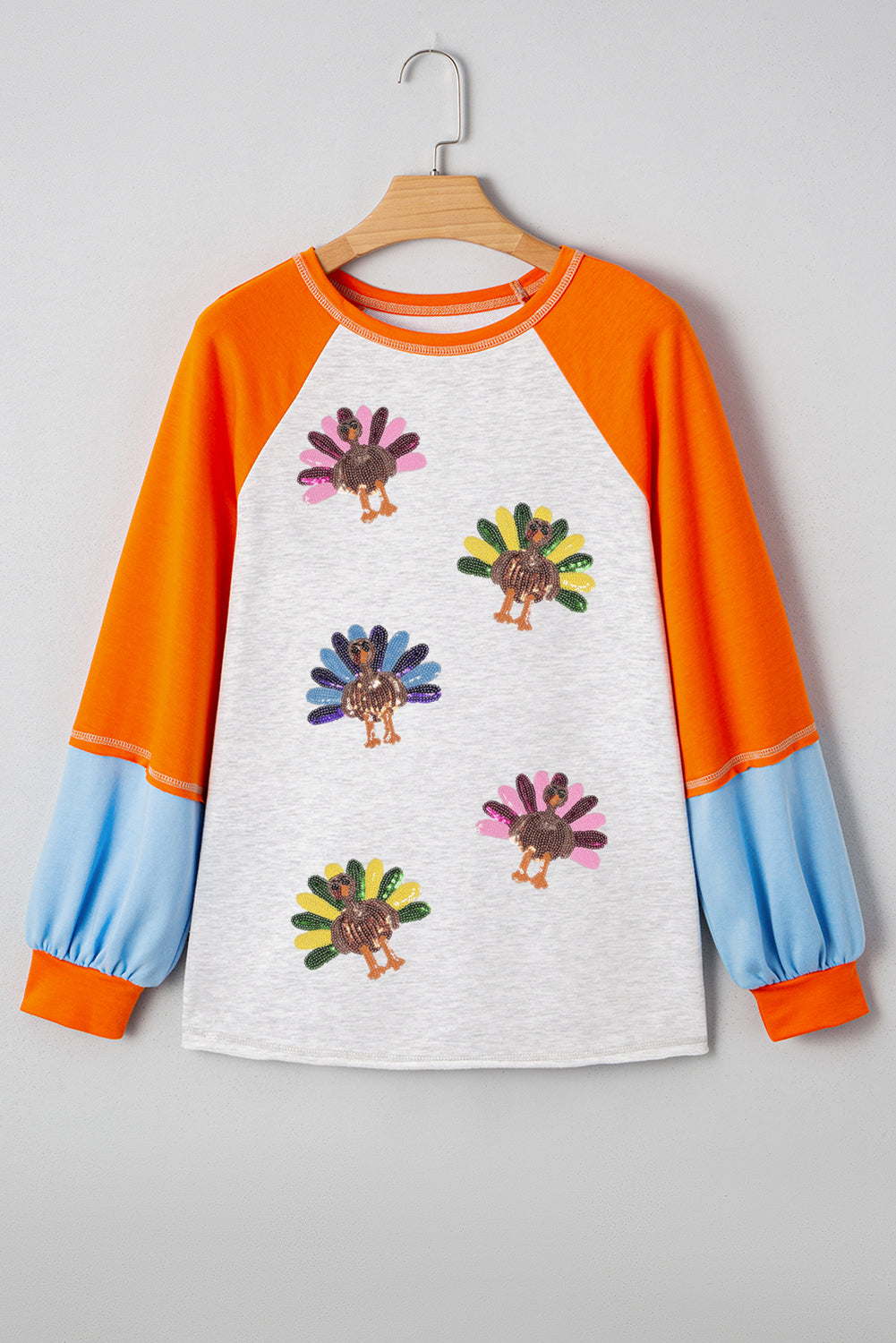 Light Grey Thanksgiving Turkey Sequin Graphic Color Block Long Raglan Sleeve Top-Graphic/Graphic Long Sleeve Tees-[Adult]-[Female]-2022 Online Blue Zone Planet