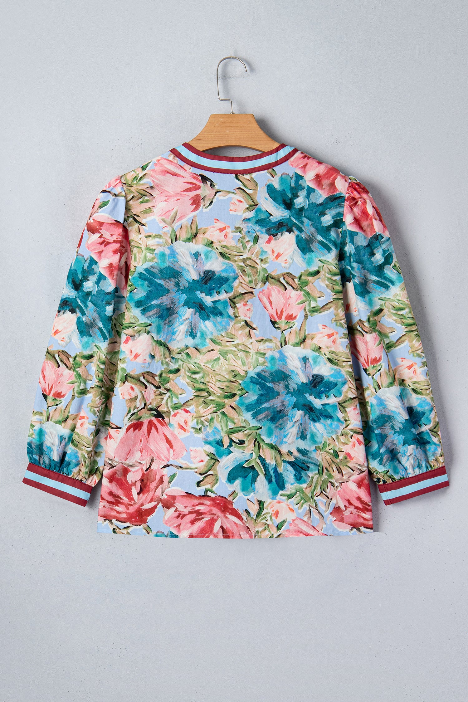 Sky Blue Contrast Trim V Neck Cuffed Bracelet Sleeve Floral Blouse-Bracelet-[Adult]-[Female]-2022 Online Blue Zone Planet