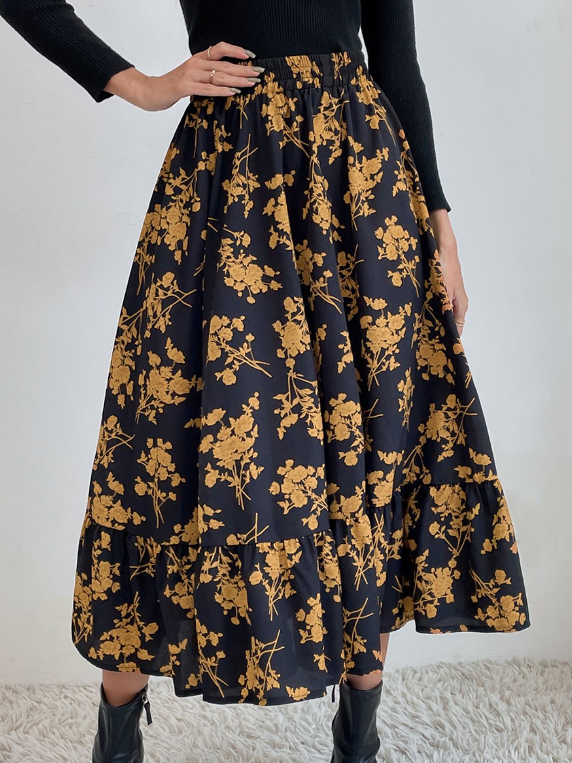 Printed Elastic Waist Midi Skirt-BOTTOM SIZES SMALL MEDIUM LARGE-[Adult]-[Female]-2022 Online Blue Zone Planet