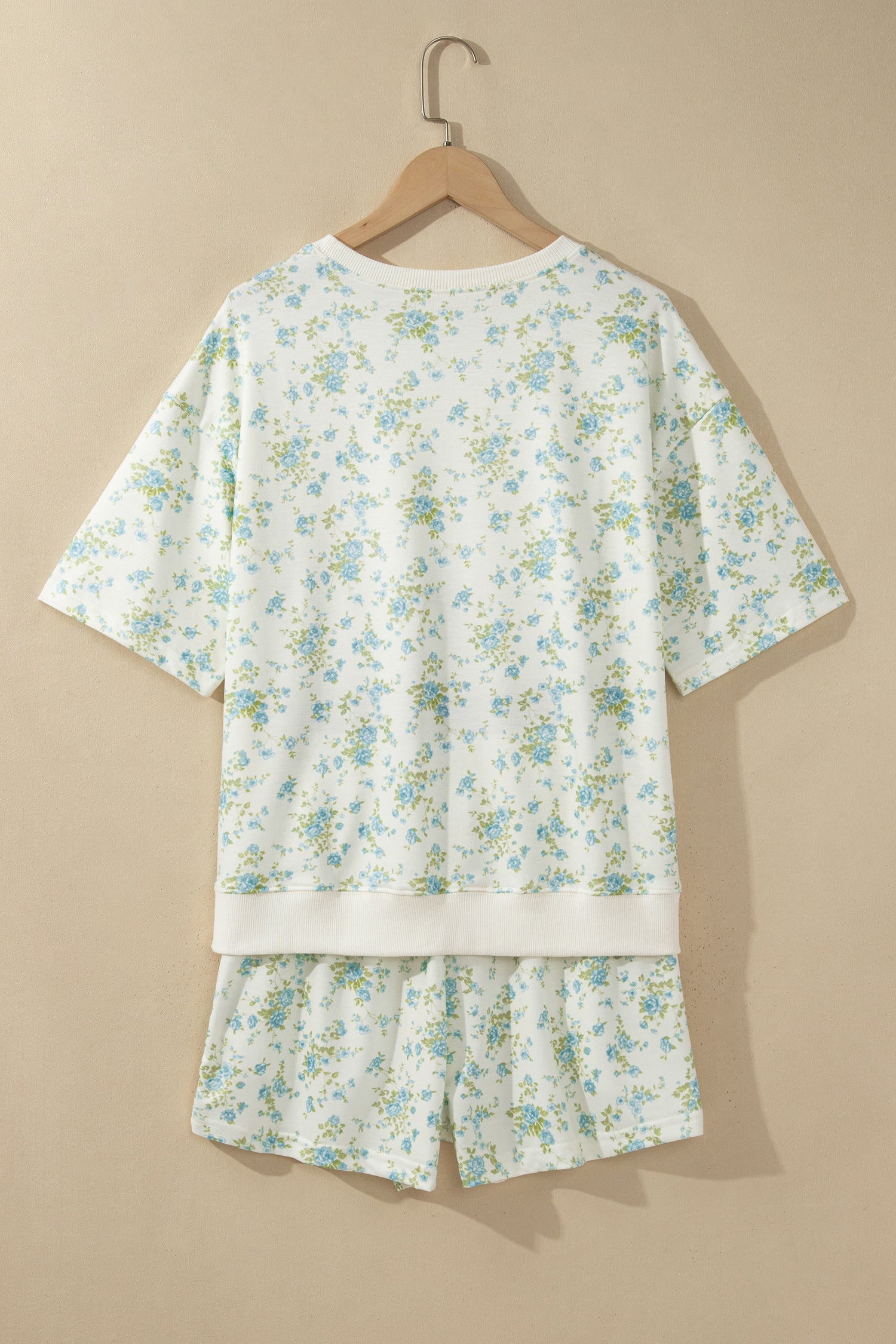 Sky Blue Floral Print Short Sleeve Elastic Waist Pocket Two Piece Set-Two Piece Sets/Short Sets-[Adult]-[Female]-2022 Online Blue Zone Planet