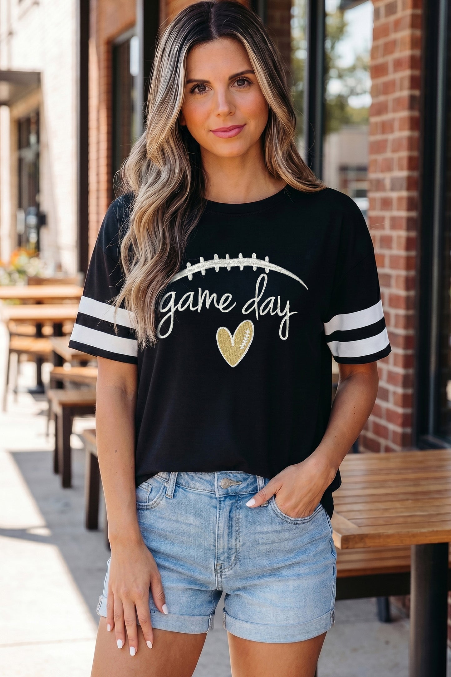 Black Game Day Embroidered Heart Pattern Varsity Casual T Shirt