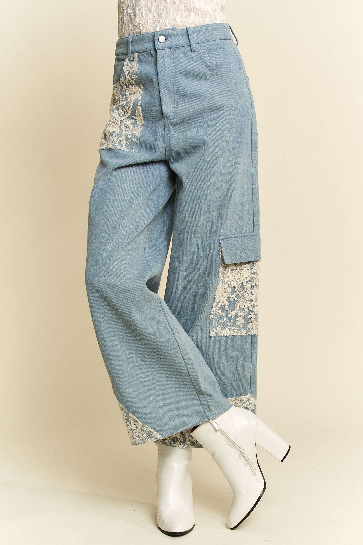 Davi & Dani Lace Applique Wide Leg Jeans-BOTTOMS-[Adult]-[Female]-2022 Online Blue Zone Planet