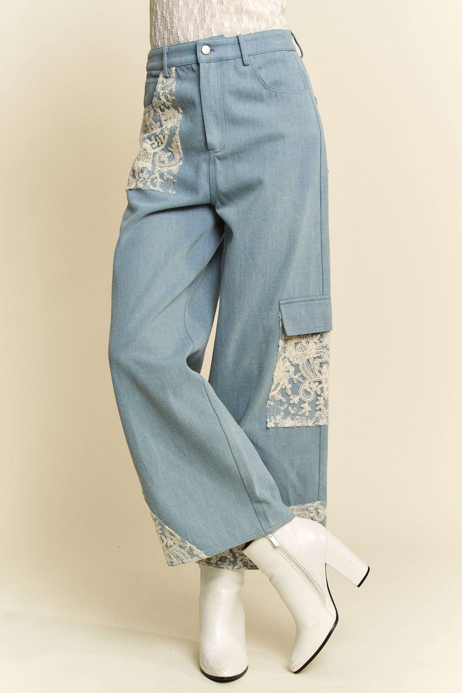 Davi & Dani Lace Applique Wide Leg Jeans-BOTTOMS-[Adult]-[Female]-2022 Online Blue Zone Planet