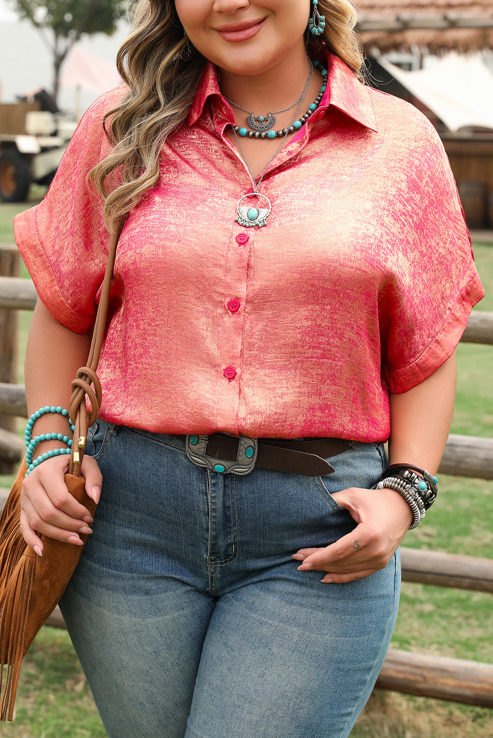 Rose Red Plus Size Metallic Sheen Short Sleeve Button Up Shirt-Plus Size/Plus Size Tops/Plus Size Blouses & Shirts-[Adult]-[Female]-2022 Online Blue Zone Planet