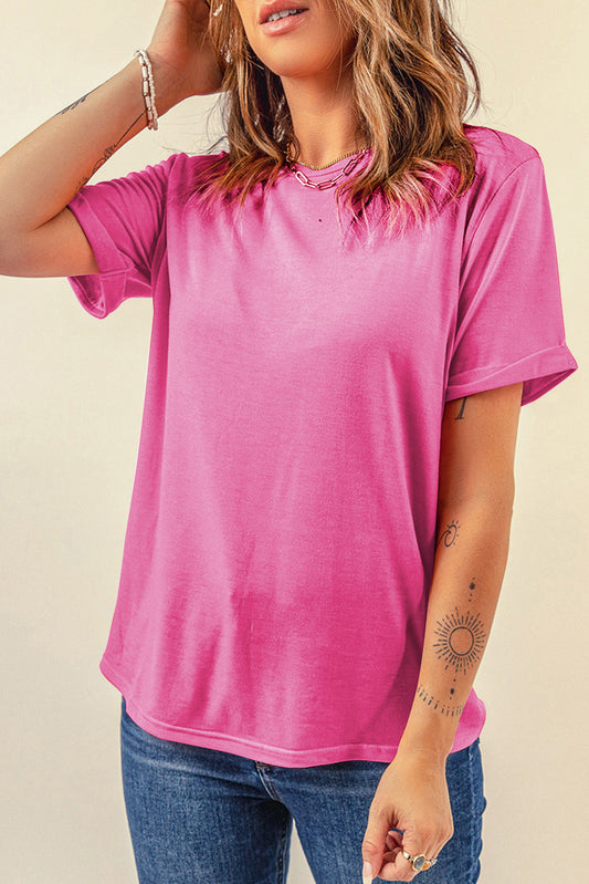 Sachet Pink Bright Casual Plain Crew Neck Tee-Tops/Tops & Tees-[Adult]-[Female]-Sachet Pink-S-2022 Online Blue Zone Planet