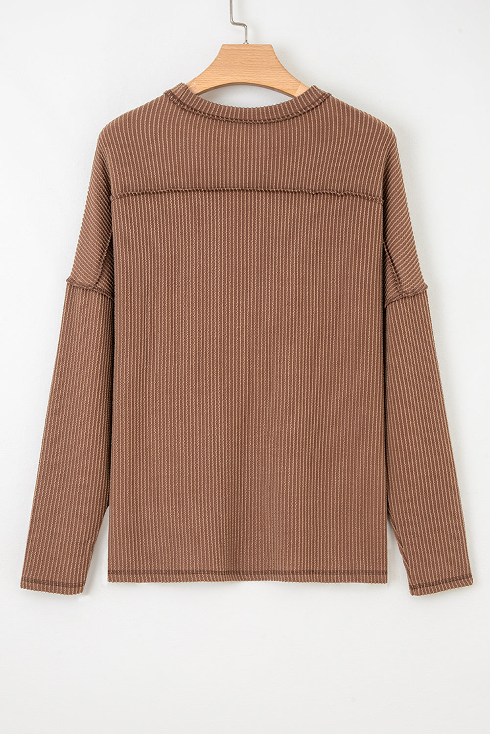 Dark Khaki Twist Ribbed Exposed Seam Detail Long Sleeve Loose Top-Tops/Long Sleeve Tops-[Adult]-[Female]-2022 Online Blue Zone Planet