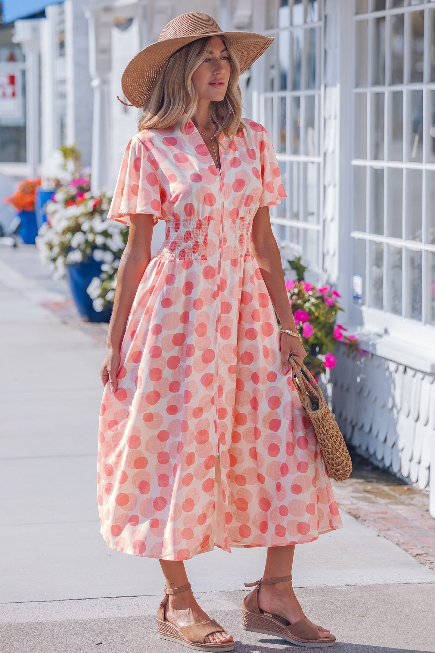 Pink Polka Dot Printed Ruffle Short Sleeve Zip Up Long Dress-TOPS / DRESSES-[Adult]-[Female]-2022 Online Blue Zone Planet