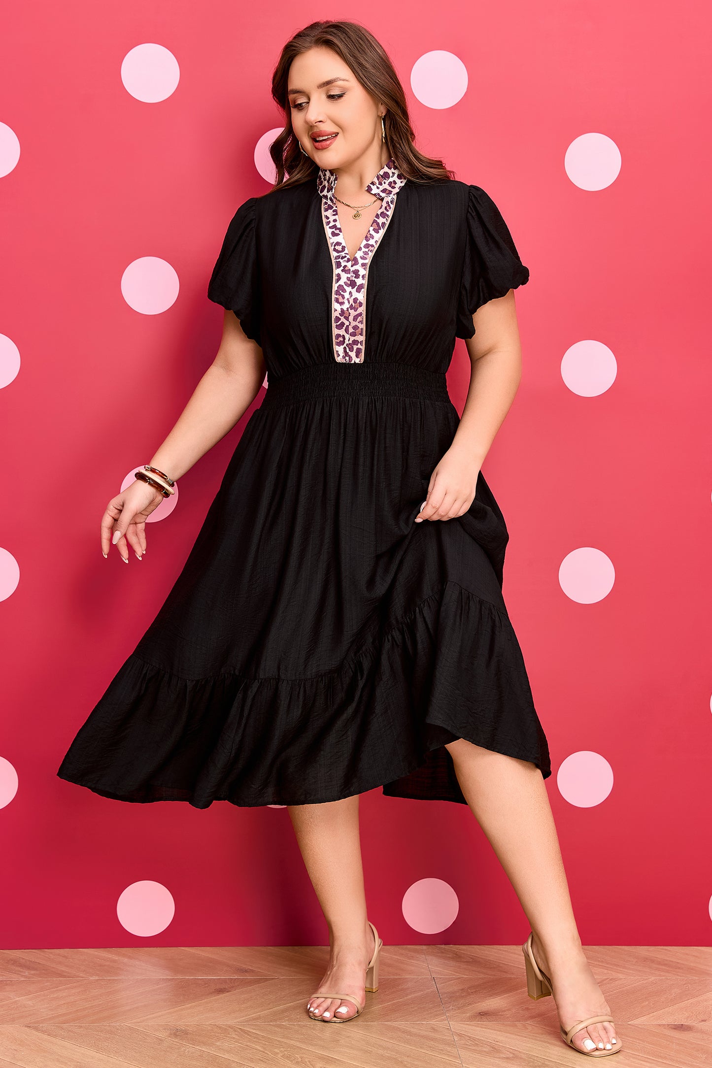 Black Leopard V Neck Patchwork Smocked Waist Plus Size Ruffled Dress-TOPS / DRESSES-[Adult]-[Female]-2022 Online Blue Zone Planet