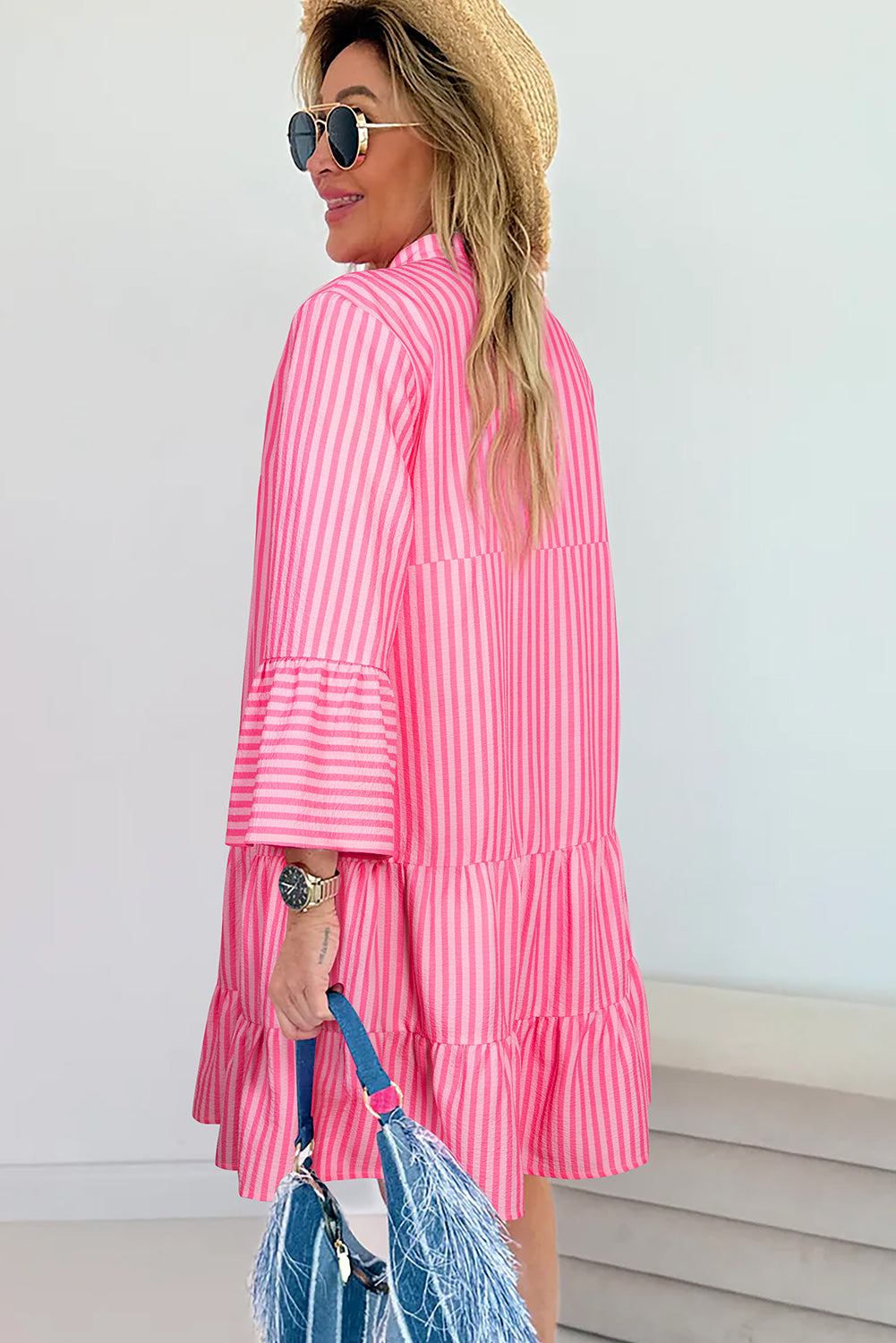 Pink Stripe Flare Sleeve Half Placket Tiered Flowy Mini Dress-TOPS / DRESSES-[Adult]-[Female]-2022 Online Blue Zone Planet