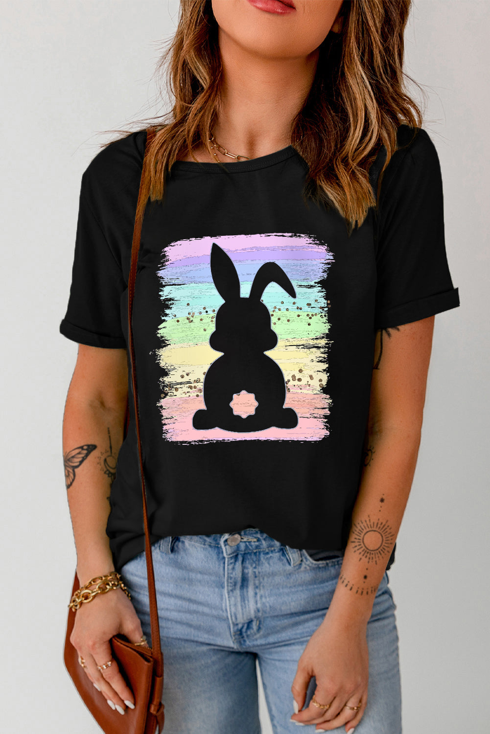 Black Rainbow Splash Easter Rabbit Graphic Tee-Graphic/Graphic Tees-[Adult]-[Female]-2022 Online Blue Zone Planet