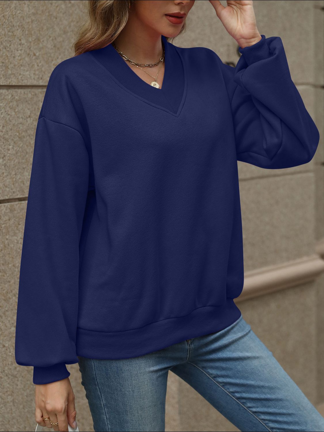 V-Neck Long Sleeve Dropped Shoulder Sweatshirt-TOPS / DRESSES-[Adult]-[Female]-2022 Online Blue Zone Planet