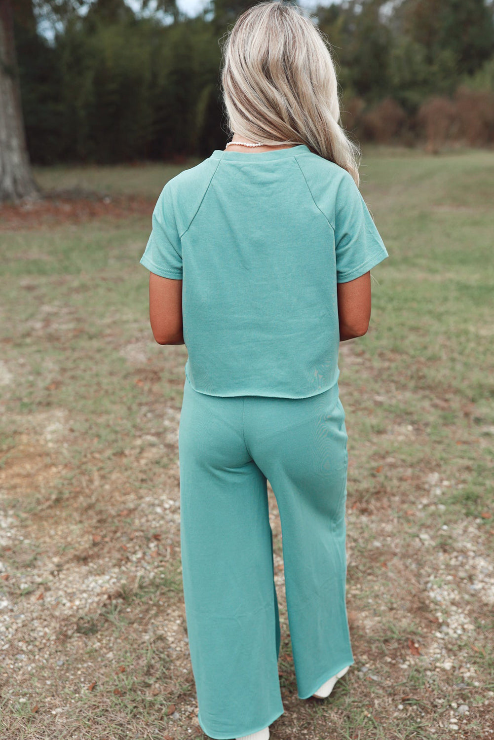 Mint Green Raglan Short Sleeve Tee and Wide Leg Pants Set-Two Piece Sets/Pant Sets-[Adult]-[Female]-2022 Online Blue Zone Planet