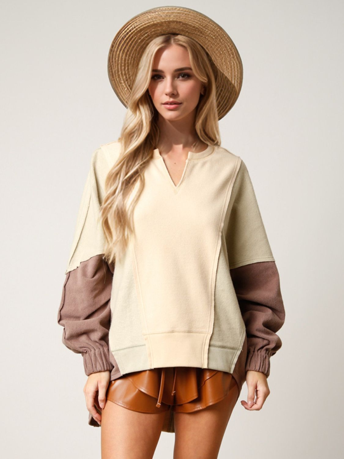 High-Low Contrast Notched Long Sleeve Sweatshirt-TOPS / DRESSES-[Adult]-[Female]-Beige-S-2022 Online Blue Zone Planet