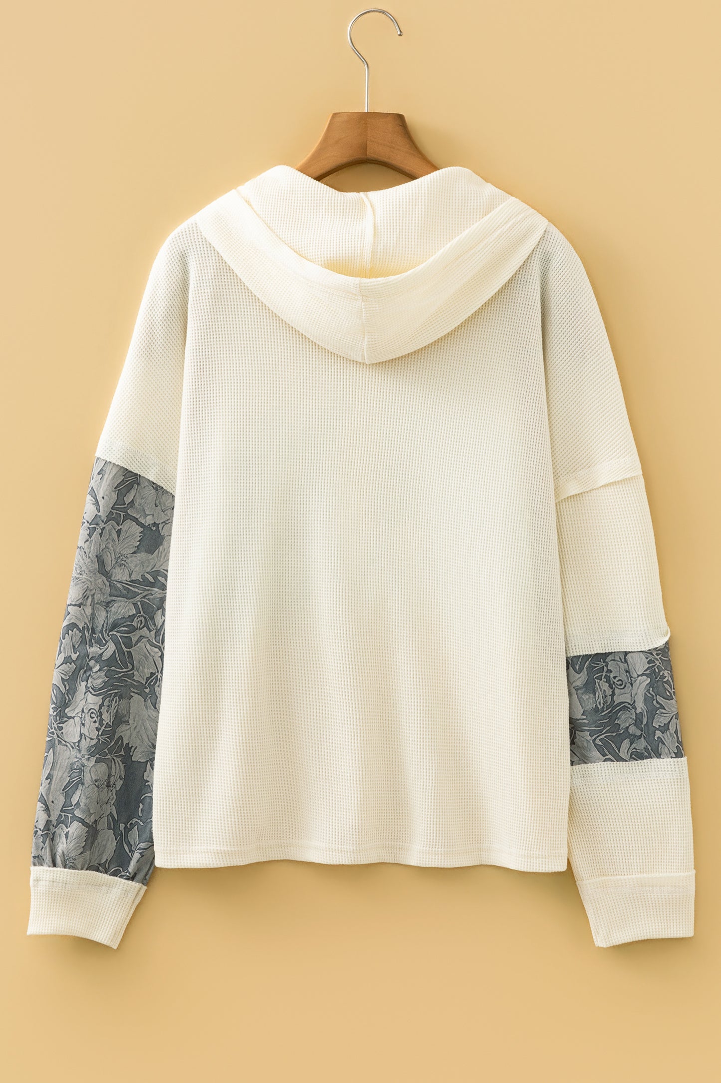 White Waffle Printed Patchwork Drawstring Hooded Long Sleeve Top-Tops/Long Sleeve Tops-[Adult]-[Female]-2022 Online Blue Zone Planet