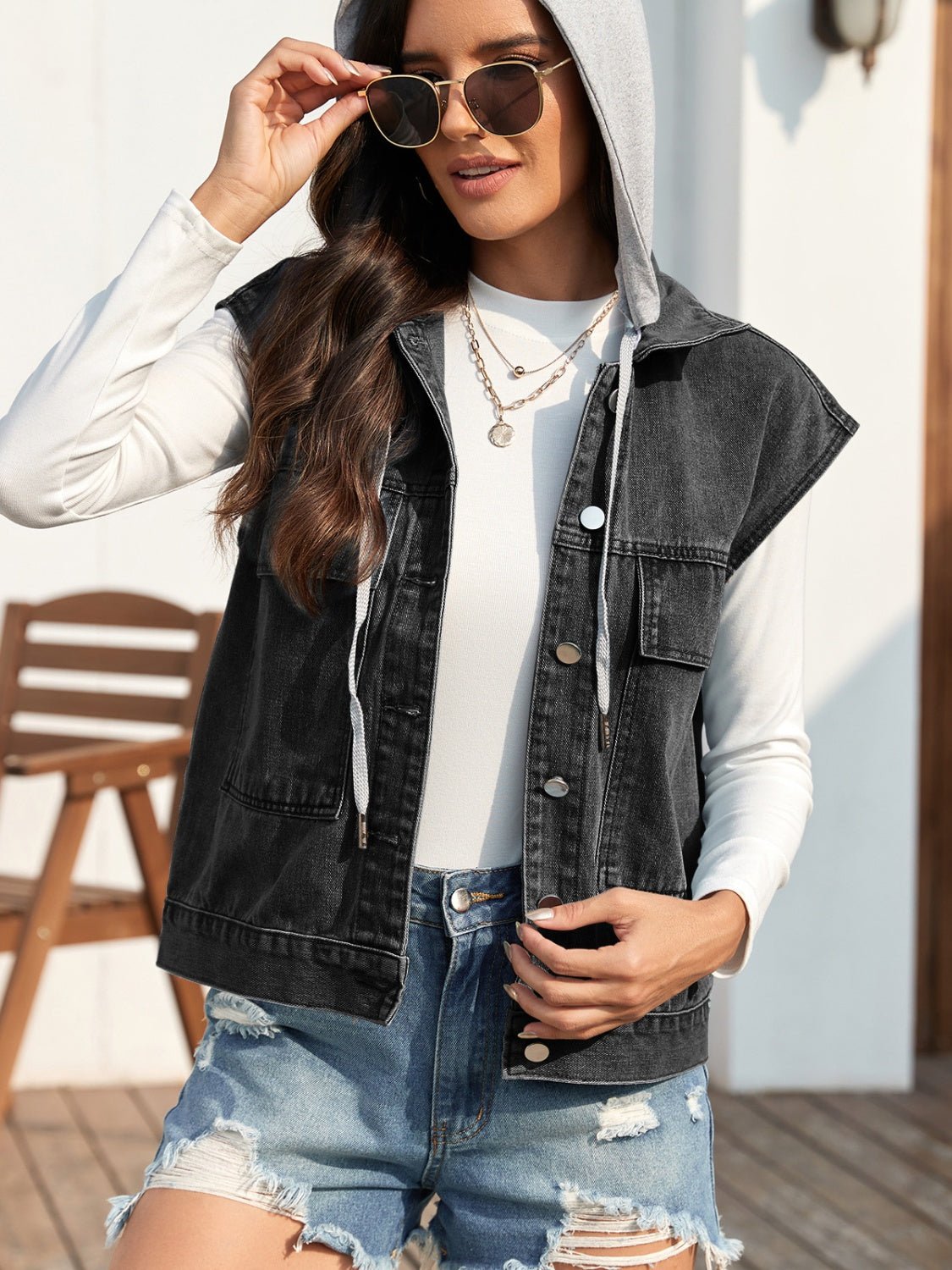 Drawstring Button Up Sleeveless Denim Jacket-TOPS / DRESSES-[Adult]-[Female]-2022 Online Blue Zone Planet