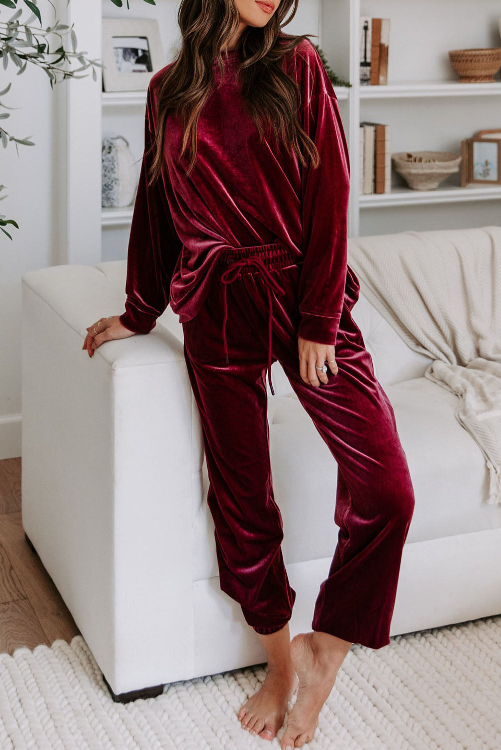 Blue Zone Planet |  Fiery Red Solid Velvet Two Piece Lounge Set