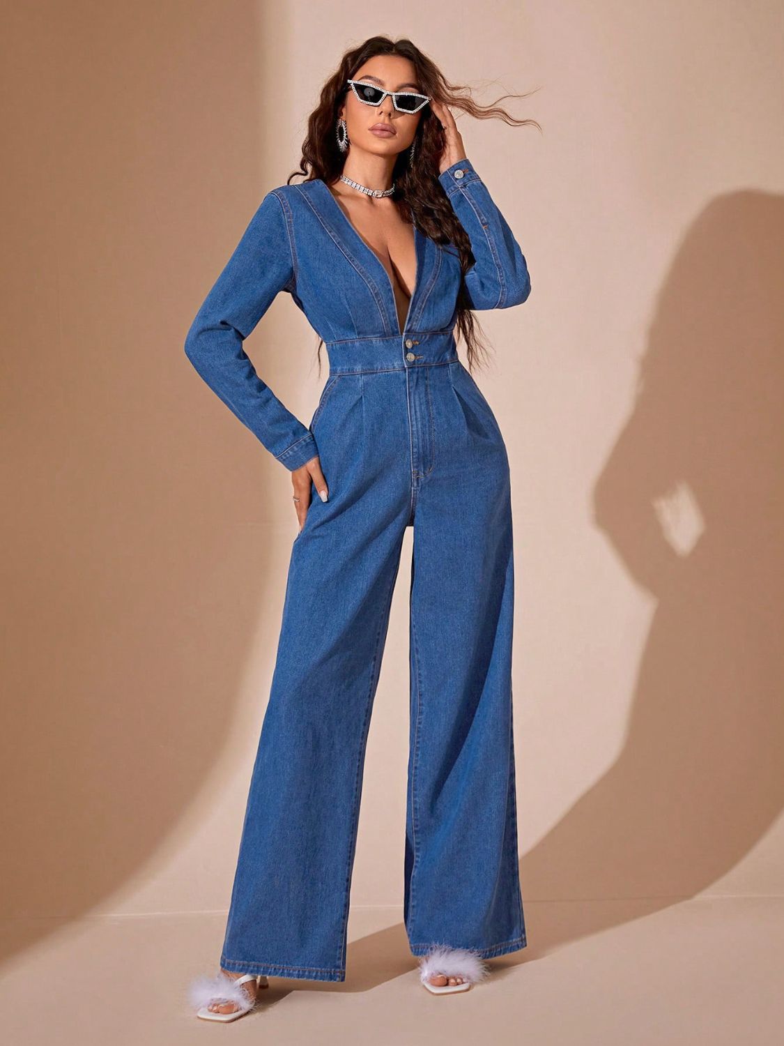 Blue Zone Planet Plunge Long Sleeve Wide Leg Denim Jumpsuit