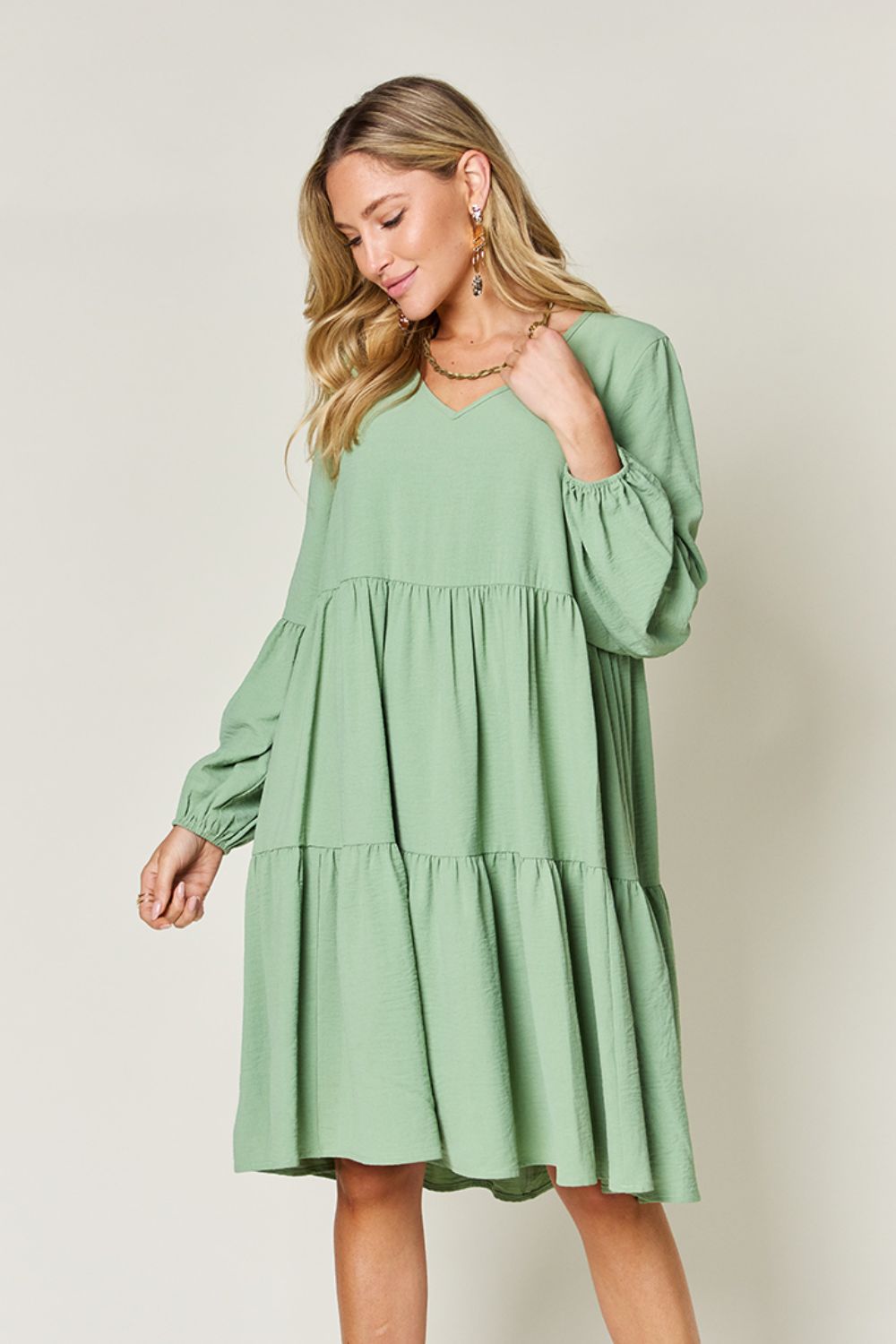 Blue Zone Planet | Double Take Full Size V-Neck Balloon Sleeve Tiered Dress-TOPS / DRESSES-[Adult]-[Female]-Light Green-S-2022 Online Blue Zone Planet