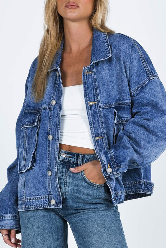 Blue Zone Planet | Blue Chest Pockets Drop Shoulder Loose Denim Jacket-Outerwear/Denim jackets-[Adult]-[Female]-Blue-S-2022 Online Blue Zone Planet