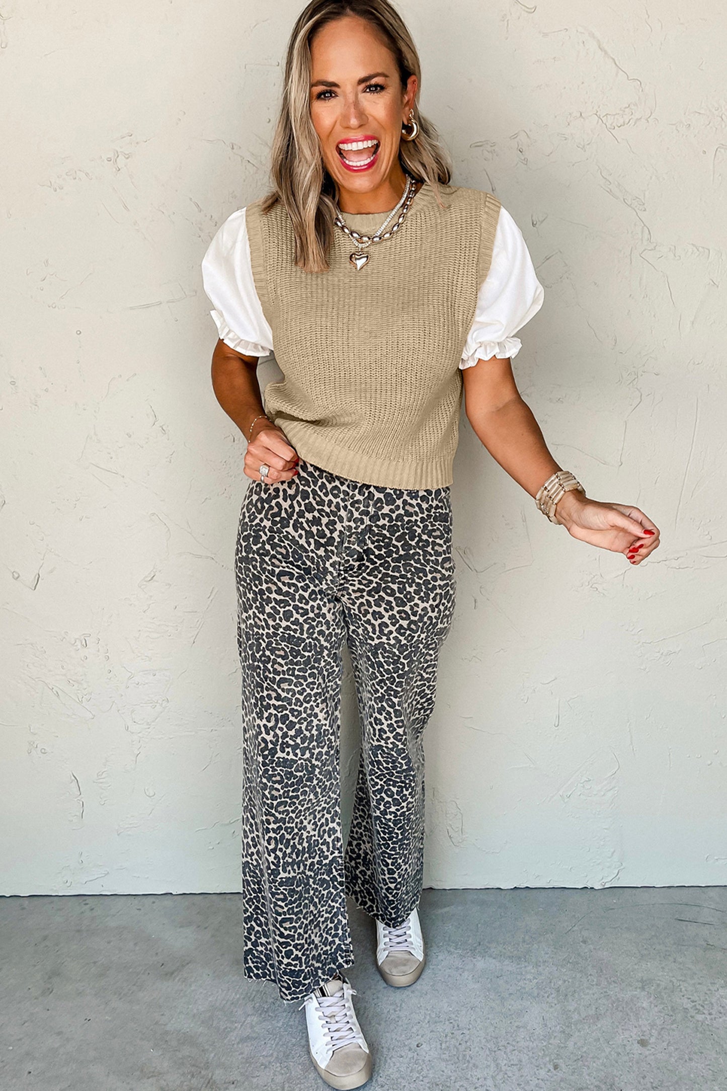 Light French Beige Round Neck Knit Contrast Short Sleeve Patchwork Sweater Top-TOPS / DRESSES-[Adult]-[Female]-2022 Online Blue Zone Planet