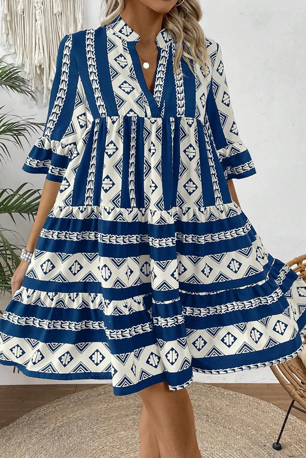 Blue Geometric Print V Neck Ruffled Dress-Dresses/Mini Dresses-[Adult]-[Female]-Blue-S-2022 Online Blue Zone Planet