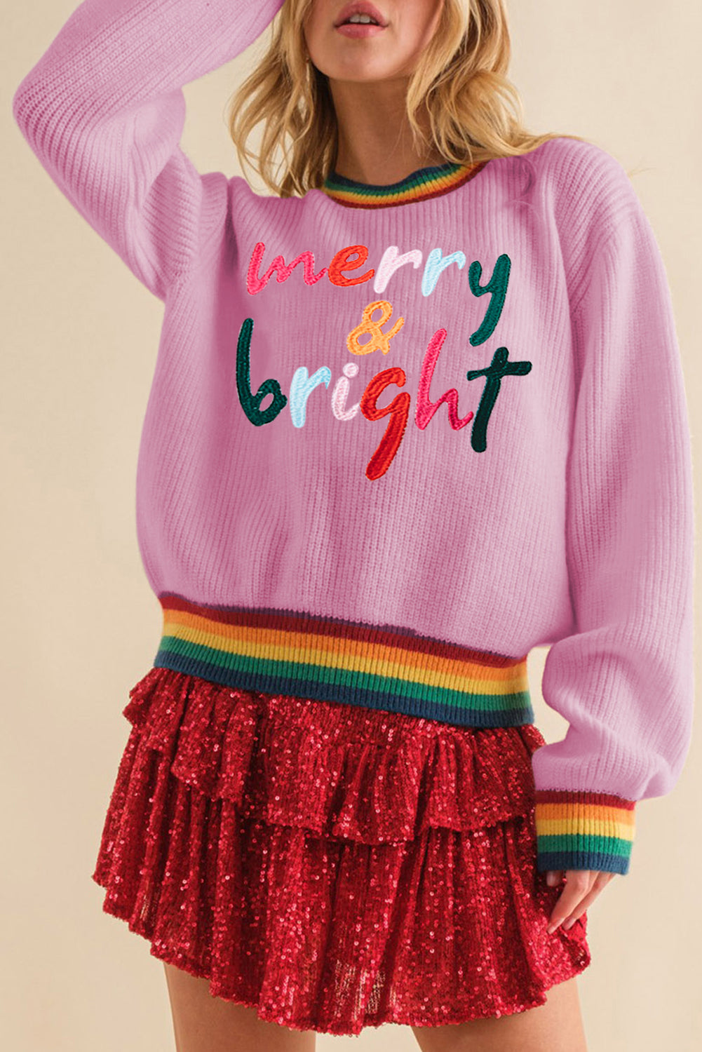 Bonbon Merry & Bright Colorful Stripes Trim Sweater-Sweaters & Cardigans/Sweaters-[Adult]-[Female]-Bonbon-S-2022 Online Blue Zone Planet