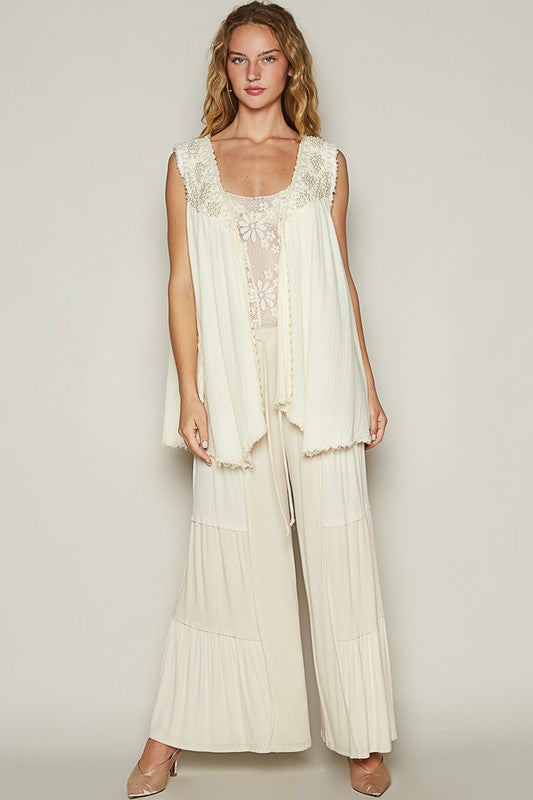 POL Pearl Detail Open Front Sleeveless Cardigan-TOPS / DRESSES-[Adult]-[Female]-2022 Online Blue Zone Planet