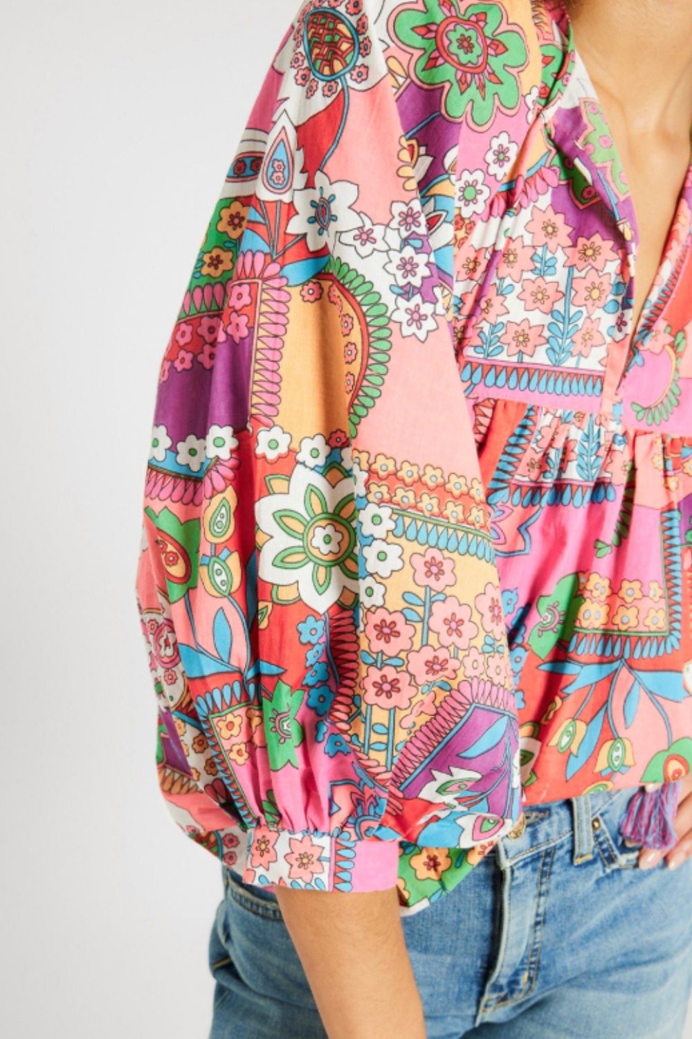 Printed Tie Neck Three-Quarter Sleeve Blouse-TOPS / DRESSES-[Adult]-[Female]-2022 Online Blue Zone Planet