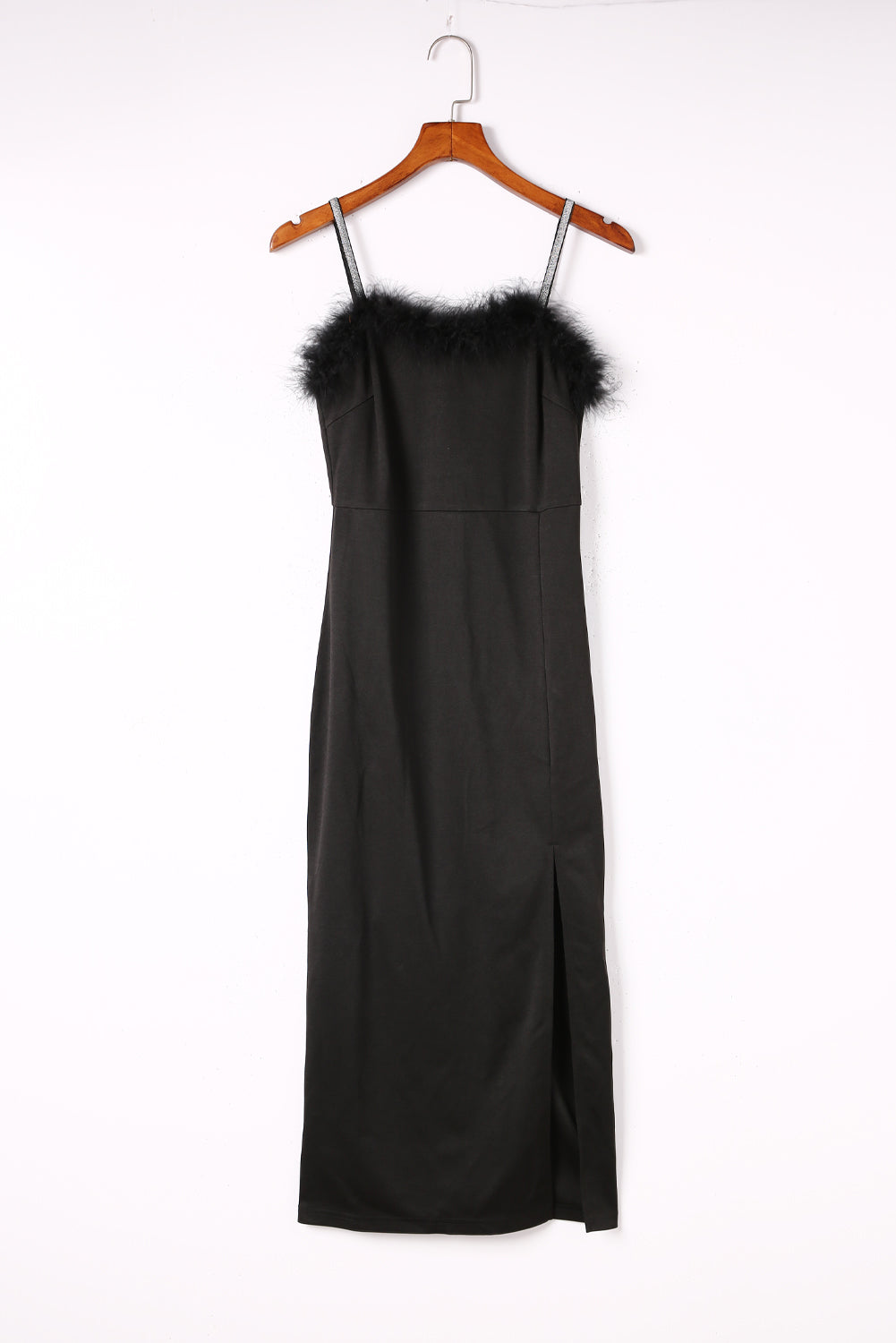 Black Rhinestone Straps Feather Trim Bodycon Midi Dress with Slit Blue Zone Planet