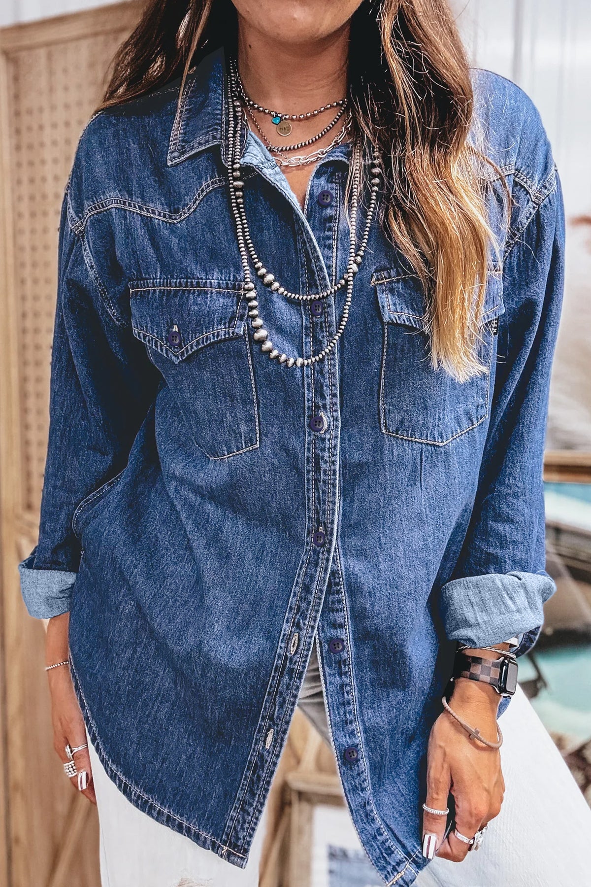 Sail Blue Western Patch Pockets Tunic Length Long Sleeve Denim Shirt-Tops/Blouses & Shirts-[Adult]-[Female]-2022 Online Blue Zone Planet