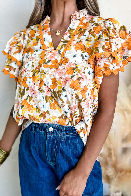 Russet Orange Ruffled V Neck Scalloped Short Sleeve Floral Blouse-Tops/Blouses & Shirts-[Adult]-[Female]-Russet Orange-S-2022 Online Blue Zone Planet