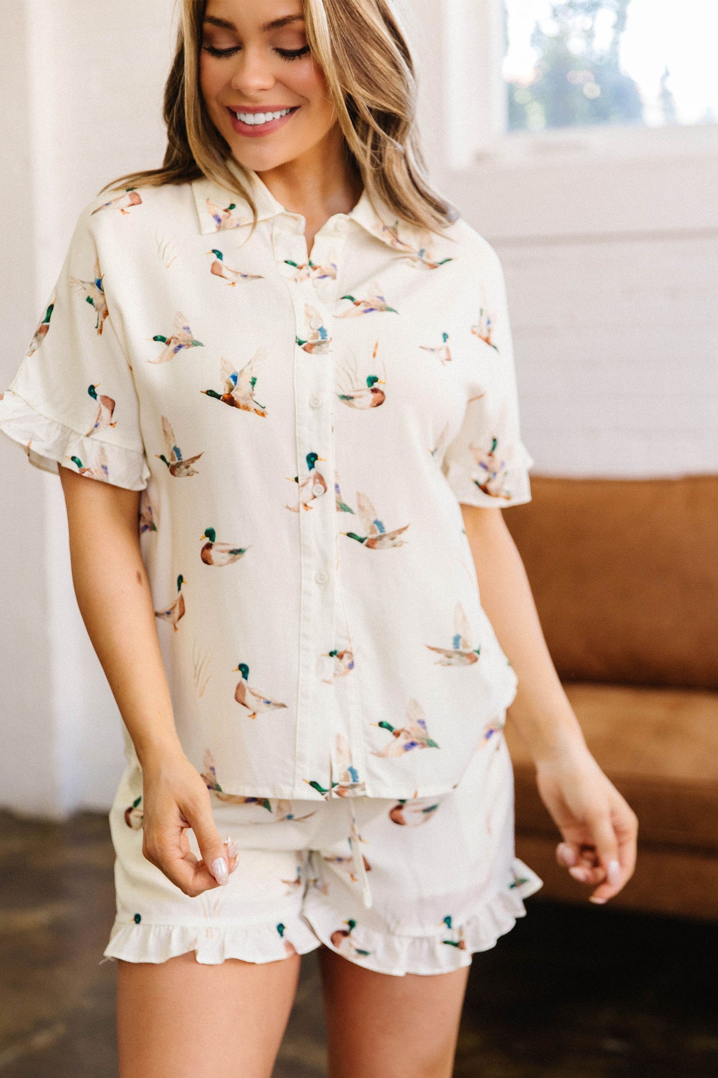 Beige Mallard Print Shirt Style Short Two Piece Set-Two Piece Sets/Short Sets-[Adult]-[Female]-2022 Online Blue Zone Planet