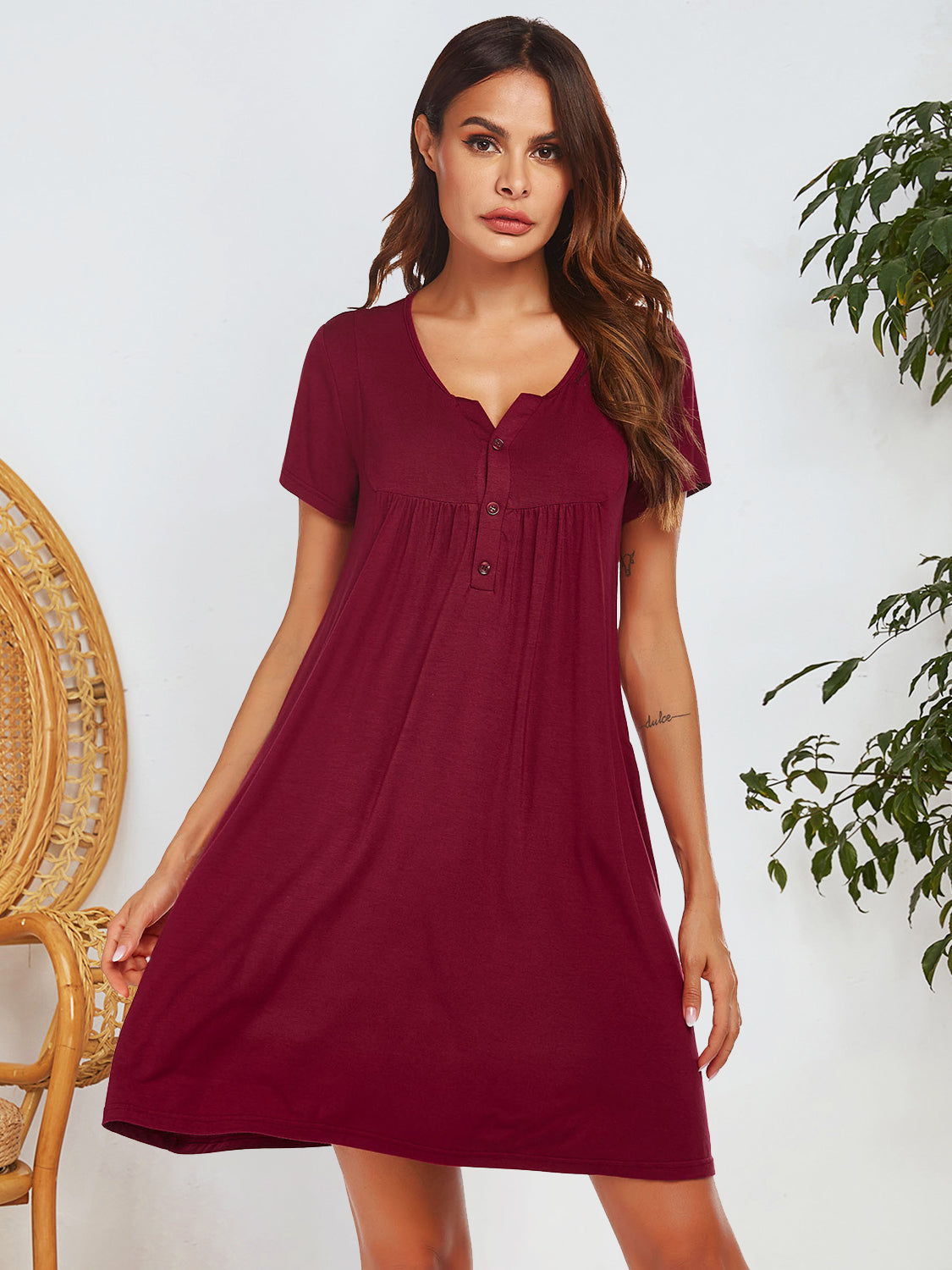 Notched Short Sleeve Mini Lounge Dress-TOPS / DRESSES-[Adult]-[Female]-Burgundy-S-2022 Online Blue Zone Planet