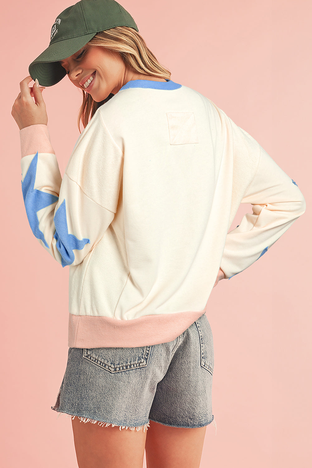 Parchment Star Patchwork Exposed Seam Oversized Sweatshirt-Sweatshirts & Hoodies-[Adult]-[Female]-2022 Online Blue Zone Planet