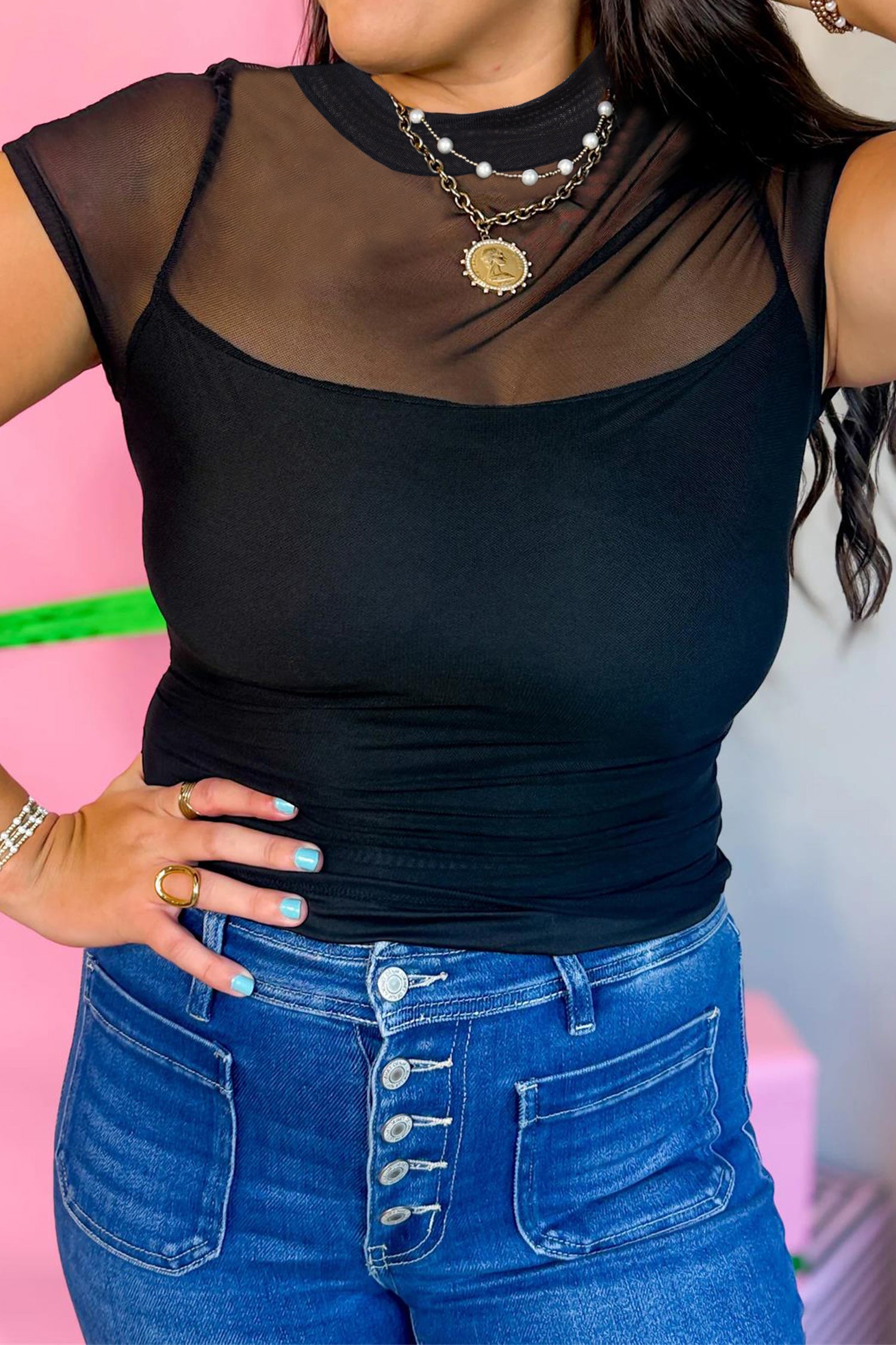 Black Sheer Mesh Patchwork Cap Sleeve T Shirt-Tops/Tops & Tees-[Adult]-[Female]-2022 Online Blue Zone Planet