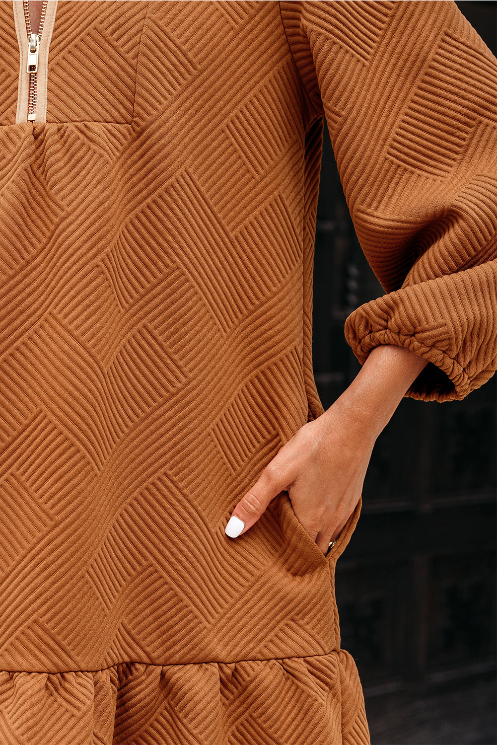 Desert Gold Quarter Zip Collar Bracelet Sleeve Textured Mini Dress-TOPS / DRESSES-[Adult]-[Female]-2022 Online Blue Zone Planet