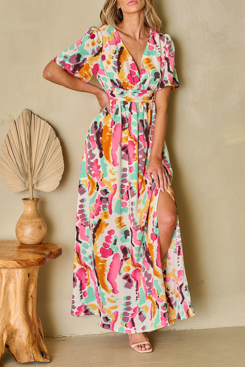 Blue Zone Planet | Pink Boho Tie-dye Print V Neck Maxi Dress-TOPS / DRESSES-[Adult]-[Female]-2022 Online Blue Zone Planet