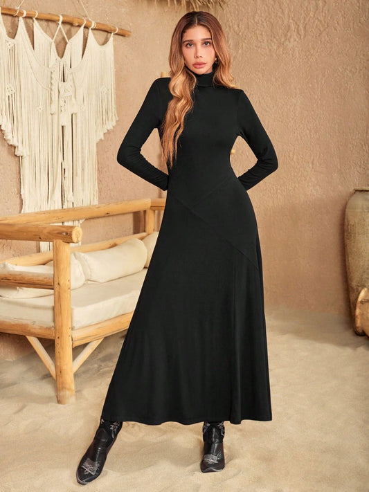 Turtleneck Long Sleeve Maxi Dress-TOPS / DRESSES-[Adult]-[Female]-Black-S-2022 Online Blue Zone Planet