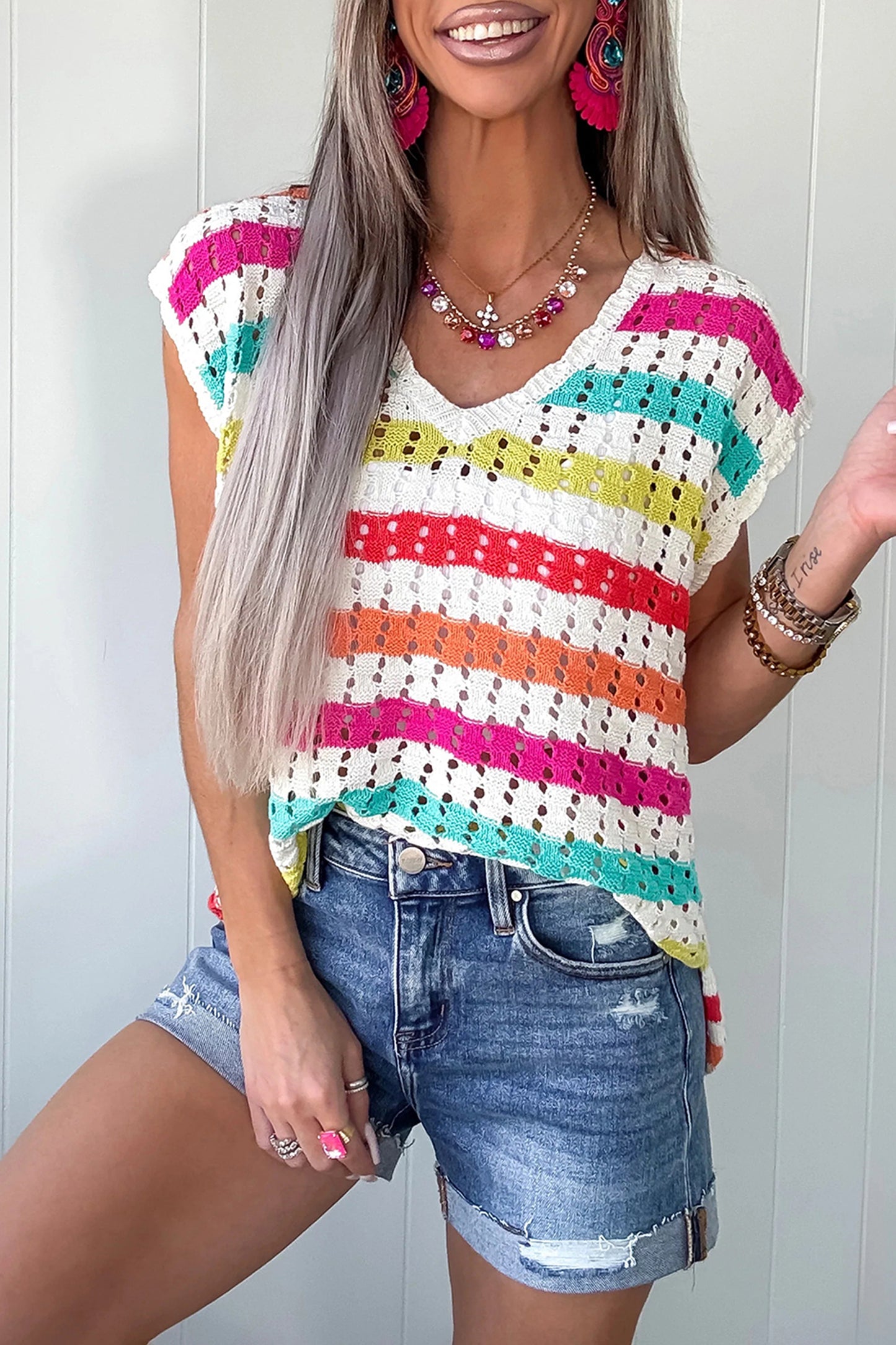 Multicolour Striped Eyelet Knit V Neck Sweater Tee-TOPS / DRESSES-[Adult]-[Female]-2022 Online Blue Zone Planet
