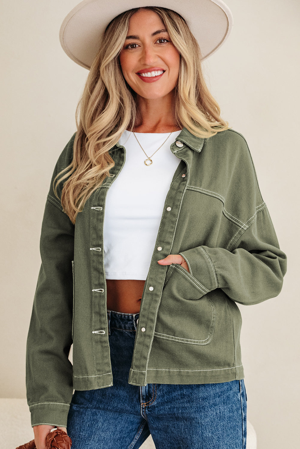 Smoke Green Patched Pocket Collared Button Front Boyfriend Denim Jacket-Outerwear/Denim jackets-[Adult]-[Female]-2022 Online Blue Zone Planet