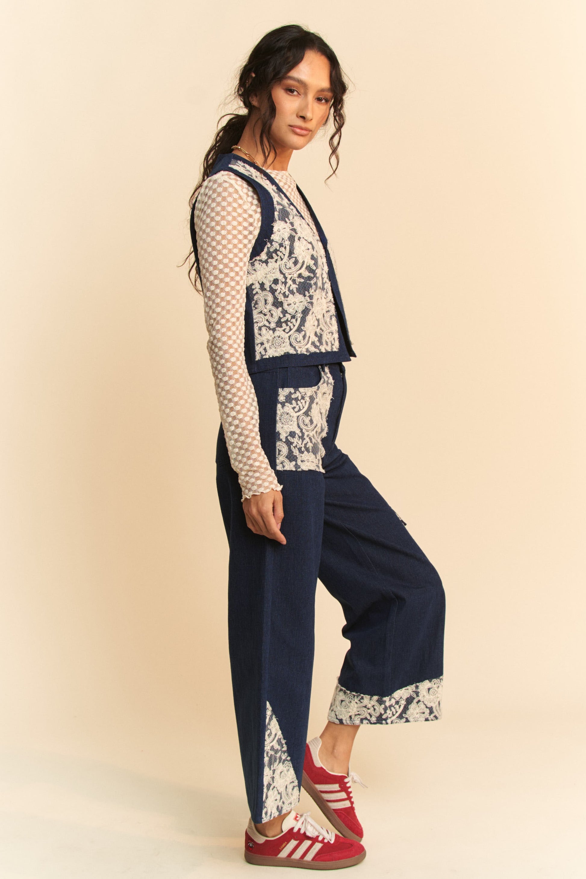 Davi & Dani Lace Applique Wide Leg Jeans-BOTTOMS-[Adult]-[Female]-2022 Online Blue Zone Planet