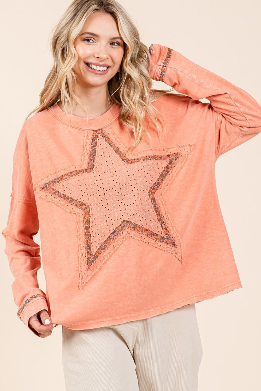 Mittoshop Mineral Wash Star Patch Long Sleeve T-Shirt-TOPS / DRESSES-[Adult]-[Female]-2022 Online Blue Zone Planet