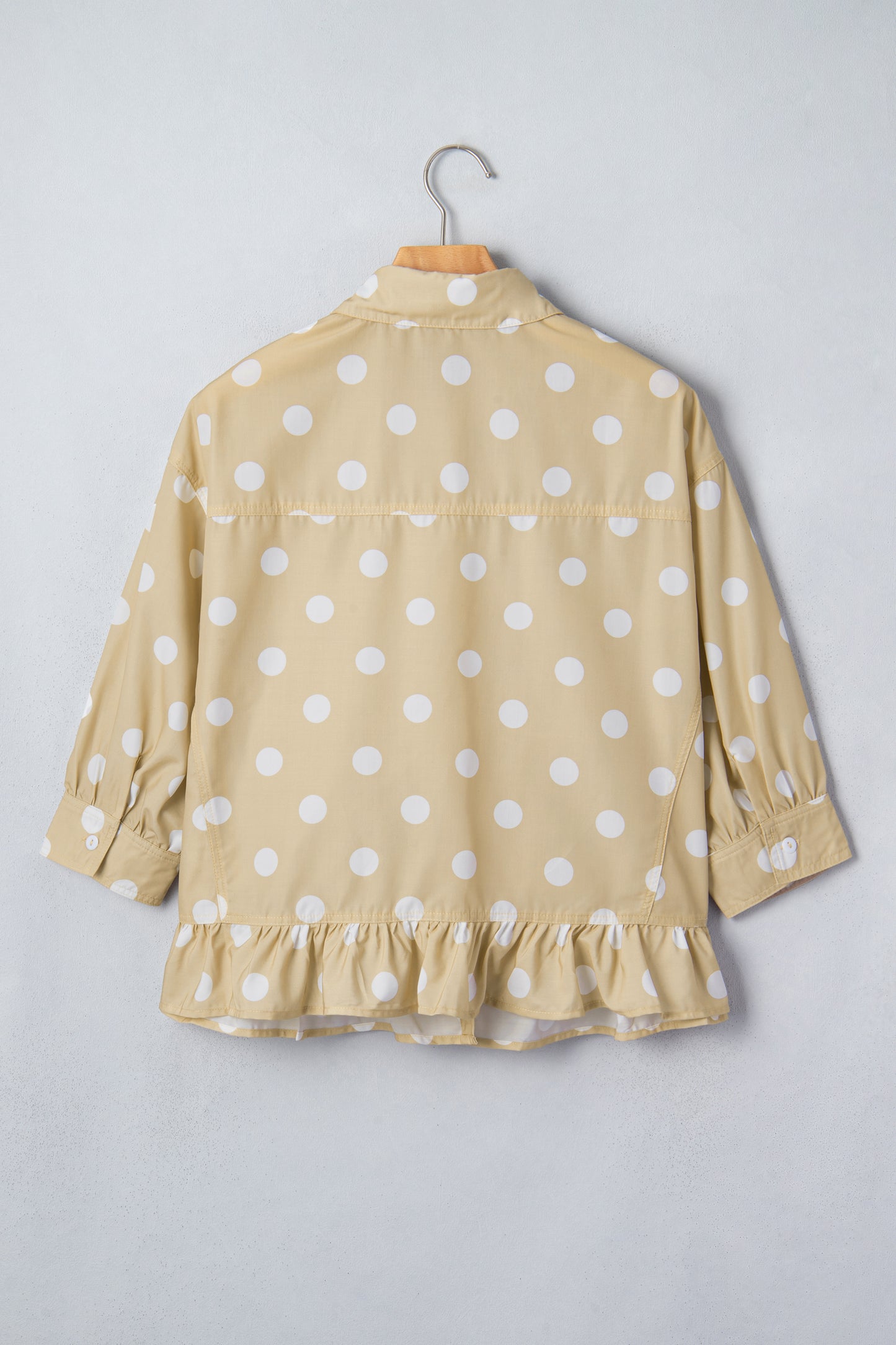 Khaki Polka Dot Print Three Quarter Sleeve Ruffle Hem Casual Shirt