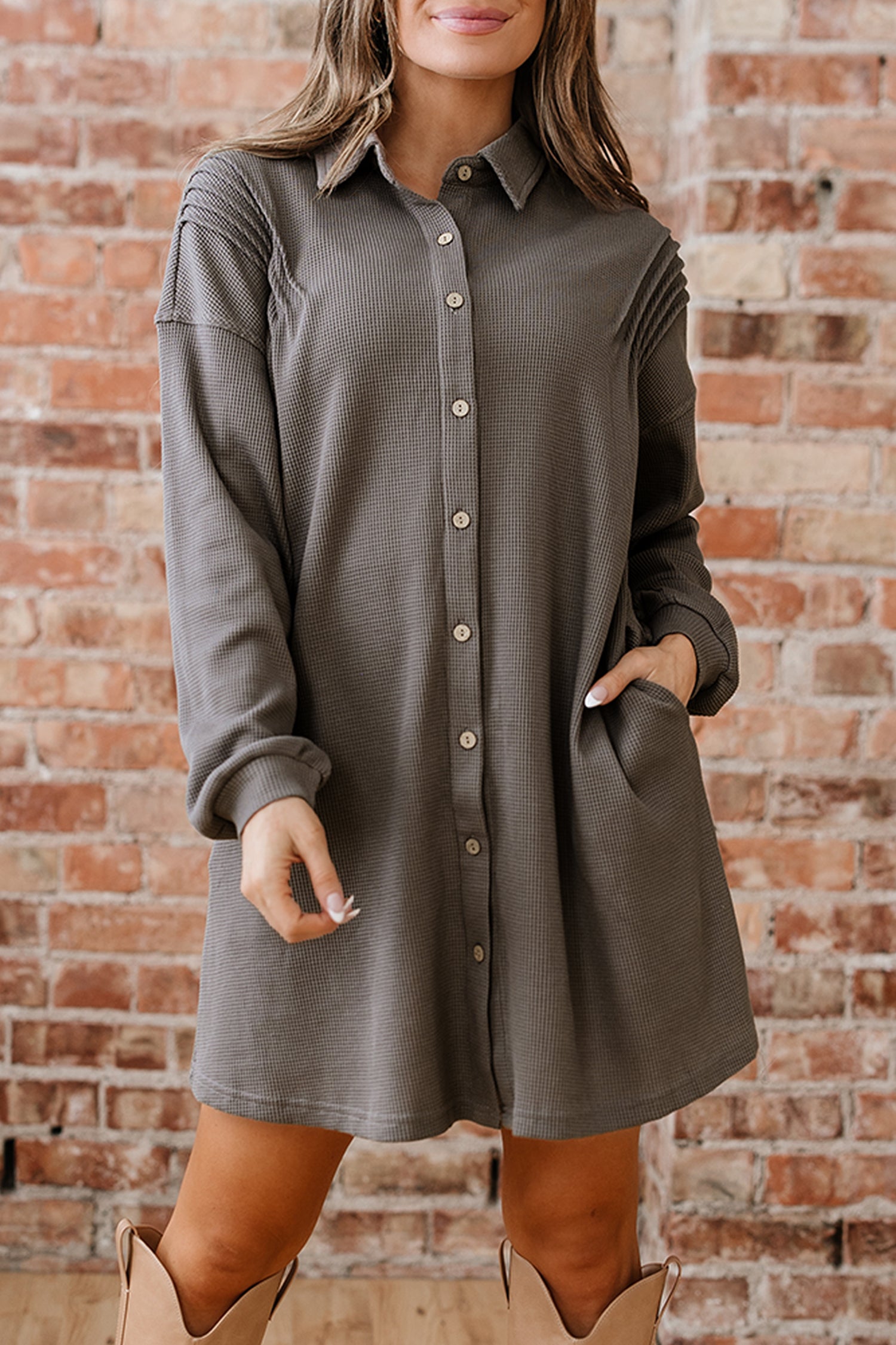 Simply Taupe Waffle Knit Shirt Tunic Dress-Dresses/Mini Dresses-[Adult]-[Female]-2022 Online Blue Zone Planet