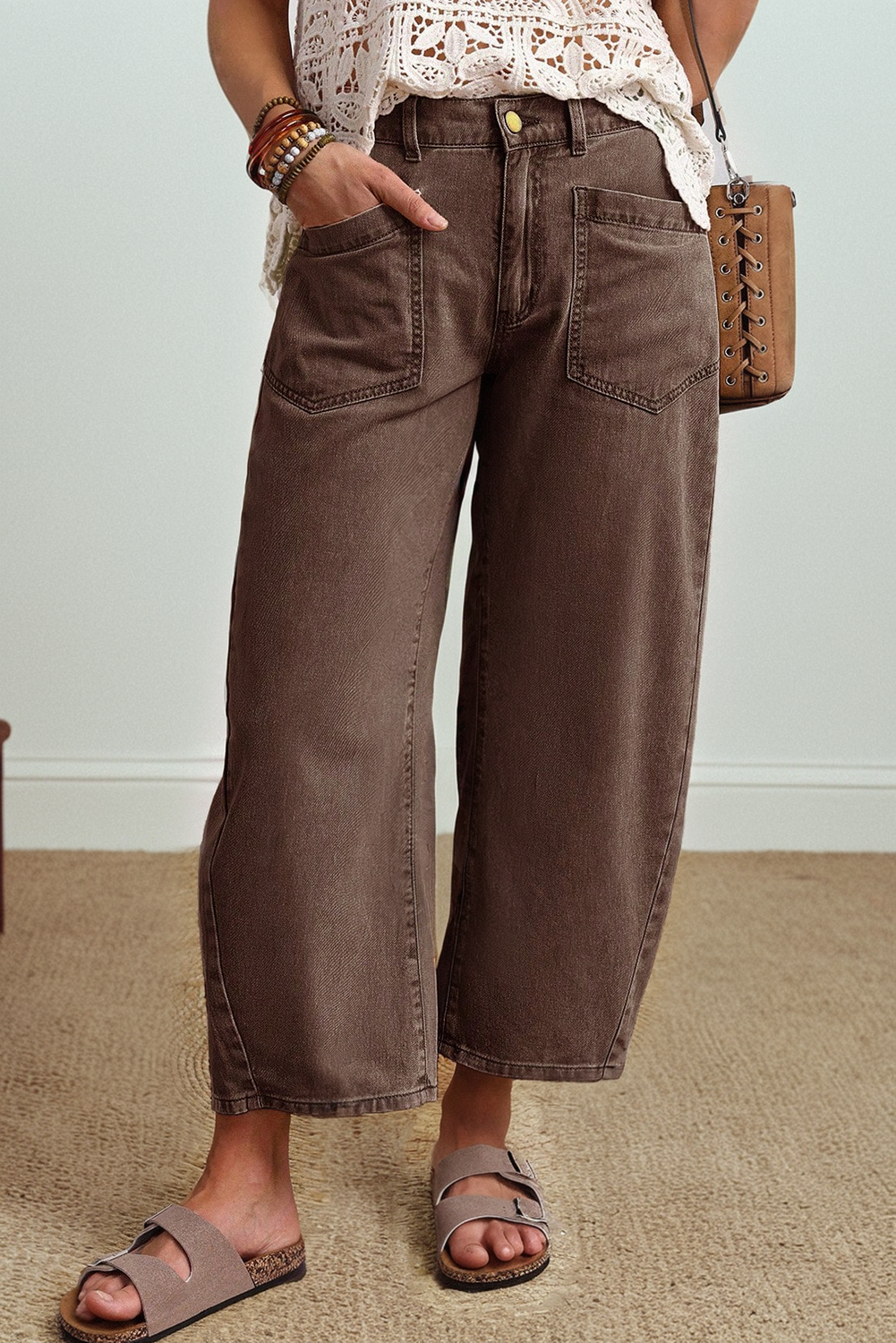 Coffee Solid Color Square Patch Pocket Ankle-length Barrel Jeans-Bottoms/Jeans-[Adult]-[Female]-Coffee-4-2022 Online Blue Zone Planet