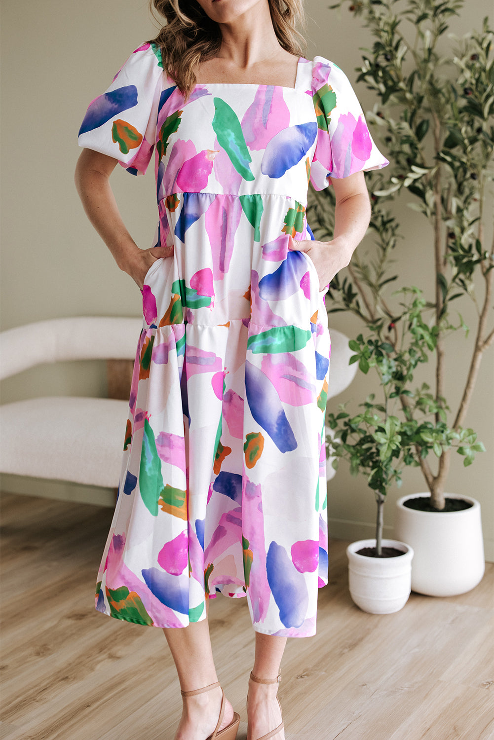 Purple Abstract Print Puff Sleeve Smocked Back Midi Dress-Dresses/Midi Dresses-[Adult]-[Female]-2022 Online Blue Zone Planet