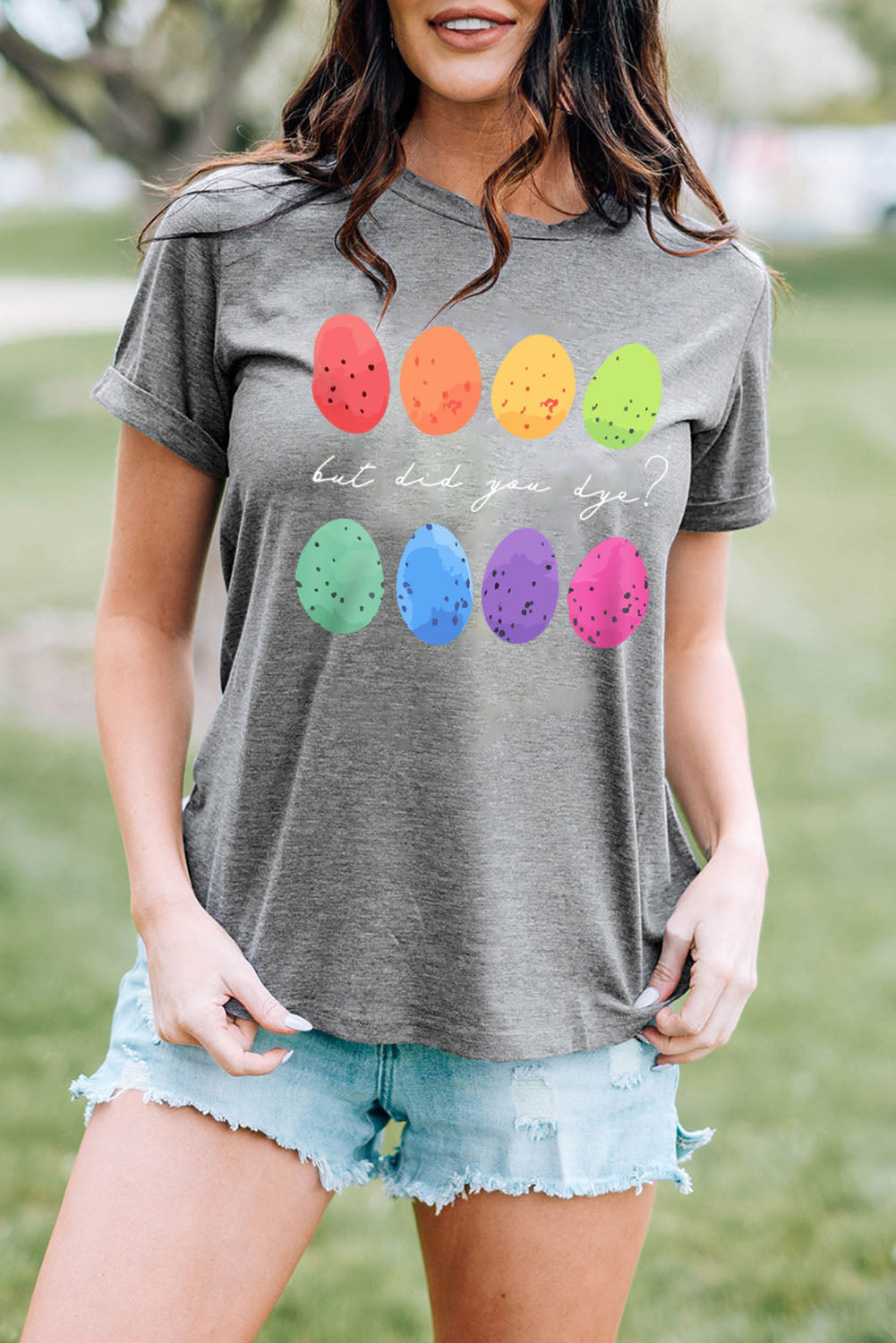 Gray Easter Eggs Print Crew Neck T Shirt-Graphic/Graphic Tees-[Adult]-[Female]-2022 Online Blue Zone Planet