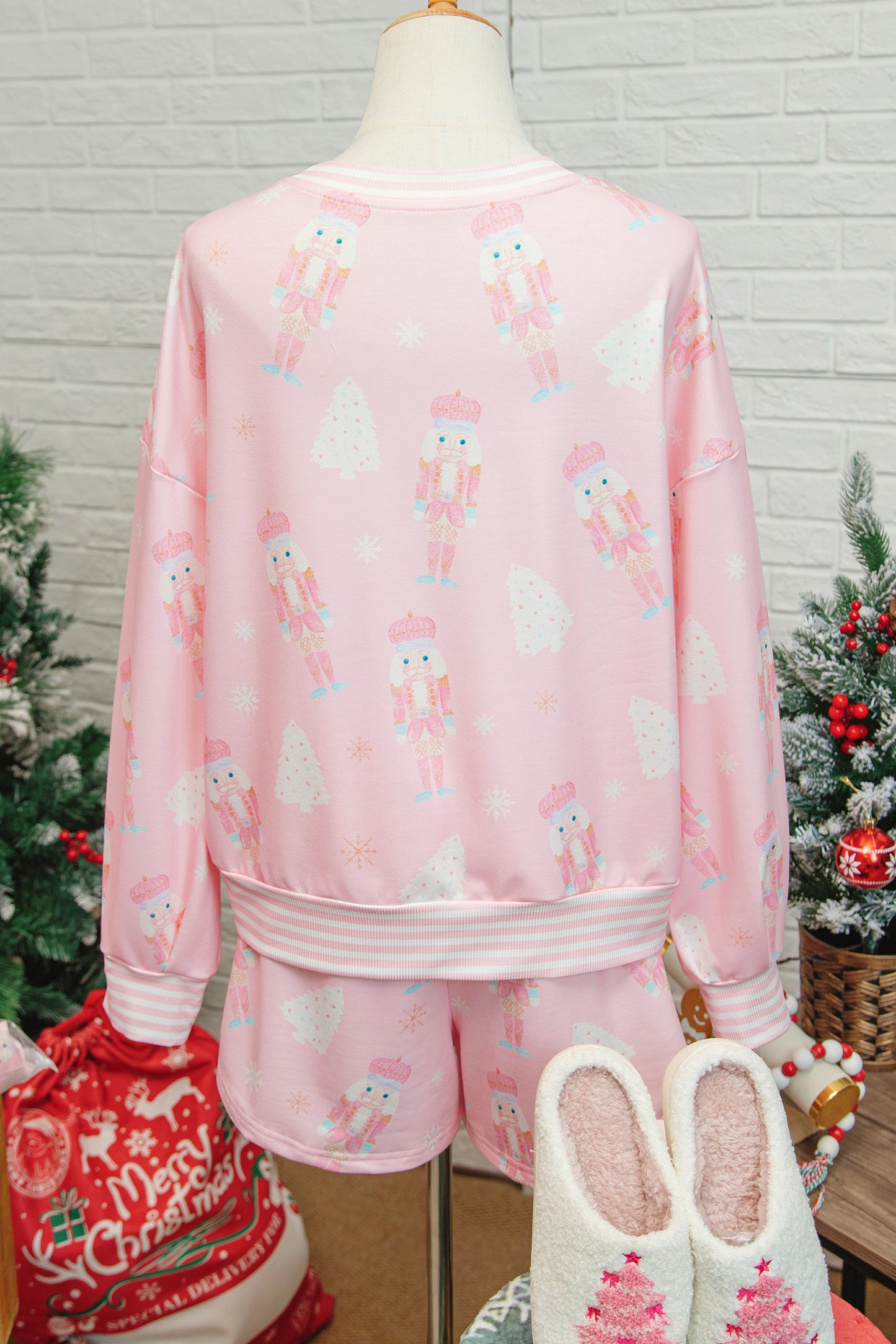 Pink Christmas Tree Nutcracker Doll Print Contrast Trim Long Sleeve Top Matching Shorts Set-Two Piece Sets/Short Sets-[Adult]-[Female]-2022 Online Blue Zone Planet
